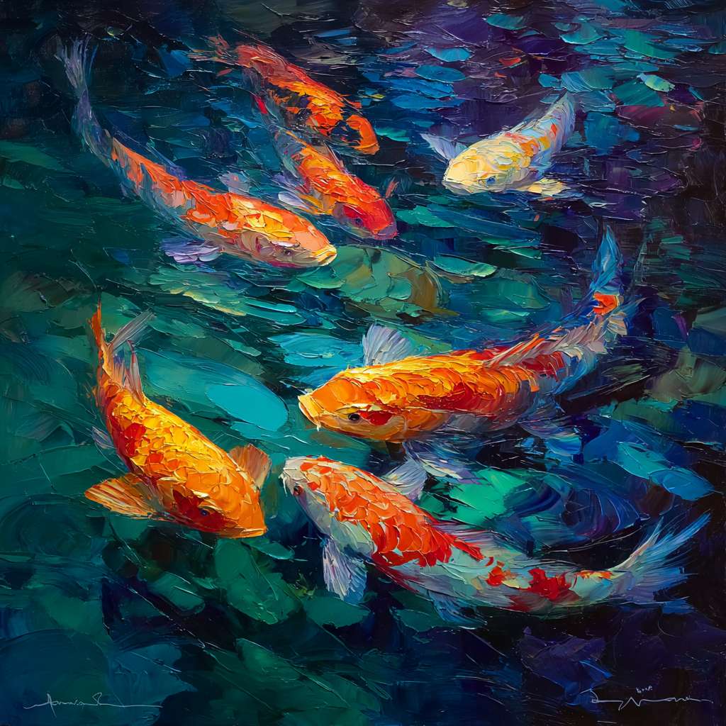 Vibrant underwater dance: deep blue water, 五彩光影，and energetic koi, thick strokes for water’s turbulence, thin strokes for fish scales, oil. --ar 1:1 --v 7 --stylize 100 --fast --no 水印