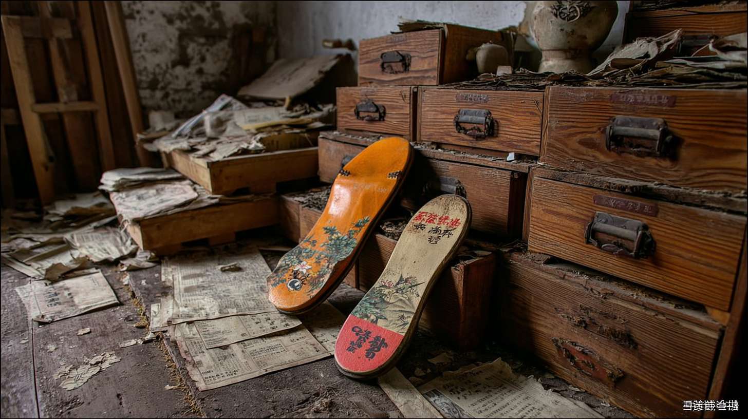 https://img-xpc-mj0.xpccdn.com/prod/upload/98677ad4-1d7d-4b12-b527-0e8a8f4f1793/%E6%8F%8F%E8%BF%B0%E6%9C%A8%E5%B1%90%E9%9E%8B%E5%9C%BA%E6%99%AF.png~tplv-5yakomv5zn-auto-v1%3A1024%3A0%3Aq75.jpg 单只木屐鞋在老宅阁楼，堆满旧衣柜，藤箱和散落的报纸， --ar 16:9 --v 7 --stylize 100 --fast --iw 1 --no 水印