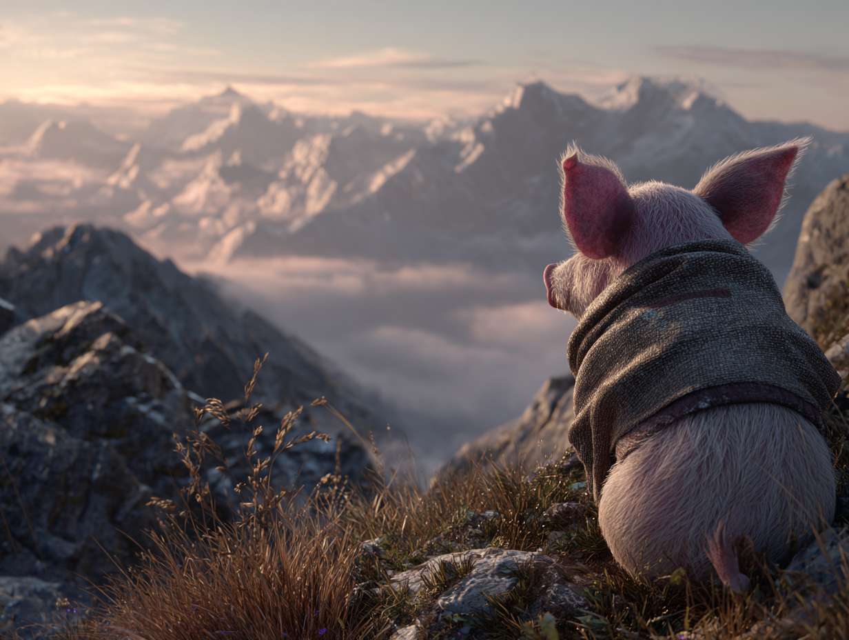 Photorealistic cinematic image，A pale pink pig on the grass next to the mountaintop, facing away from the camera,it also it's a scarf around it head, which is partially covering it face, giving her a mysterious look.Overall, these images convey a sense of desolation and grandeur, possibly telling a story about adventure, and emotional expressions all suggest that this may be a work with a strong narrative and visual impact,with a rocky mountain range behind it, and fog connecting the mountain range, full of warm colors and ultra high definition real materials，Ultra wide view shot， highly detailed photo. --ar 4:3 --v 7 --style raw --stylize 100 --fast