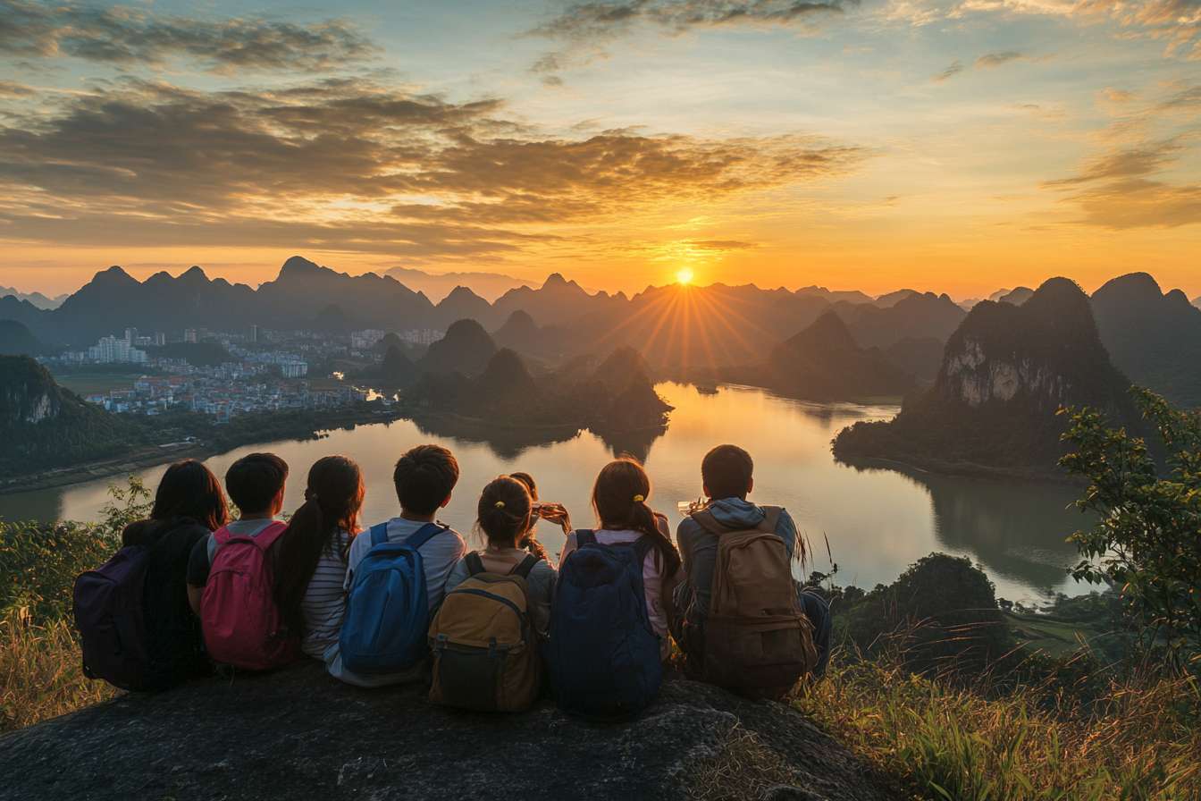 做一張亞洲青年人山上睇日出的遠境相片，可以只見到側面或背面 --ar 3:2 --v 6.1 --stylize 100 --fast