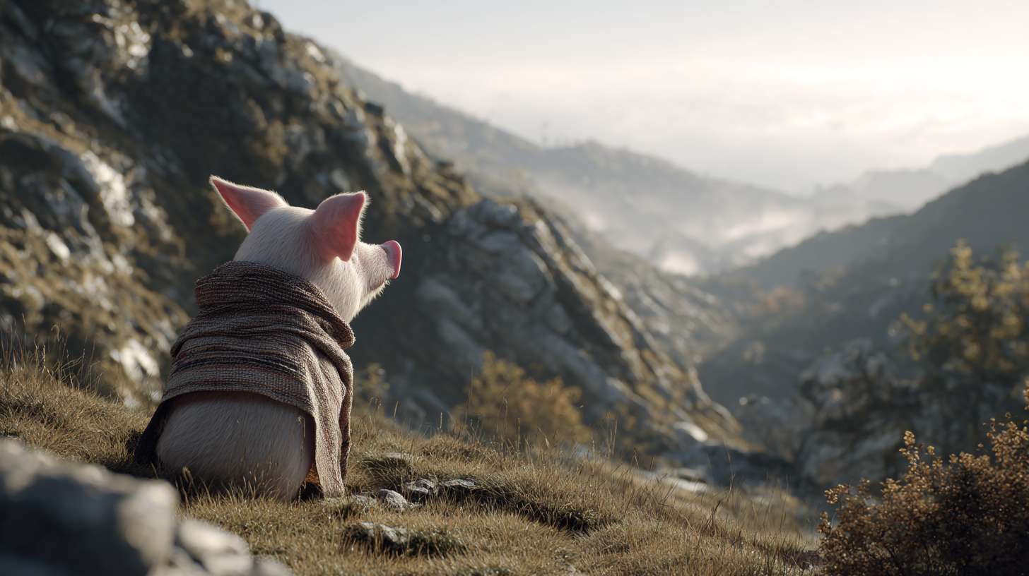 Photorealistic cinematic image，A pale pink pig on the grass next to the mountaintop, facing away from the camera,it also it's a scarf around it head, which is partially covering it face, giving her a mysterious look.Overall, these images convey a sense of desolation and grandeur, possibly telling a story about adventure, and emotional expressions all suggest that this may be a work with a strong narrative and visual impact,with a rocky mountain range behind it, and fog connecting the mountain range, full of warm colors and ultra high definition real materials，Ultra wide view shot， highly detailed photo. --ar 16:9 --v 7 --style raw --stylize 100 --fast