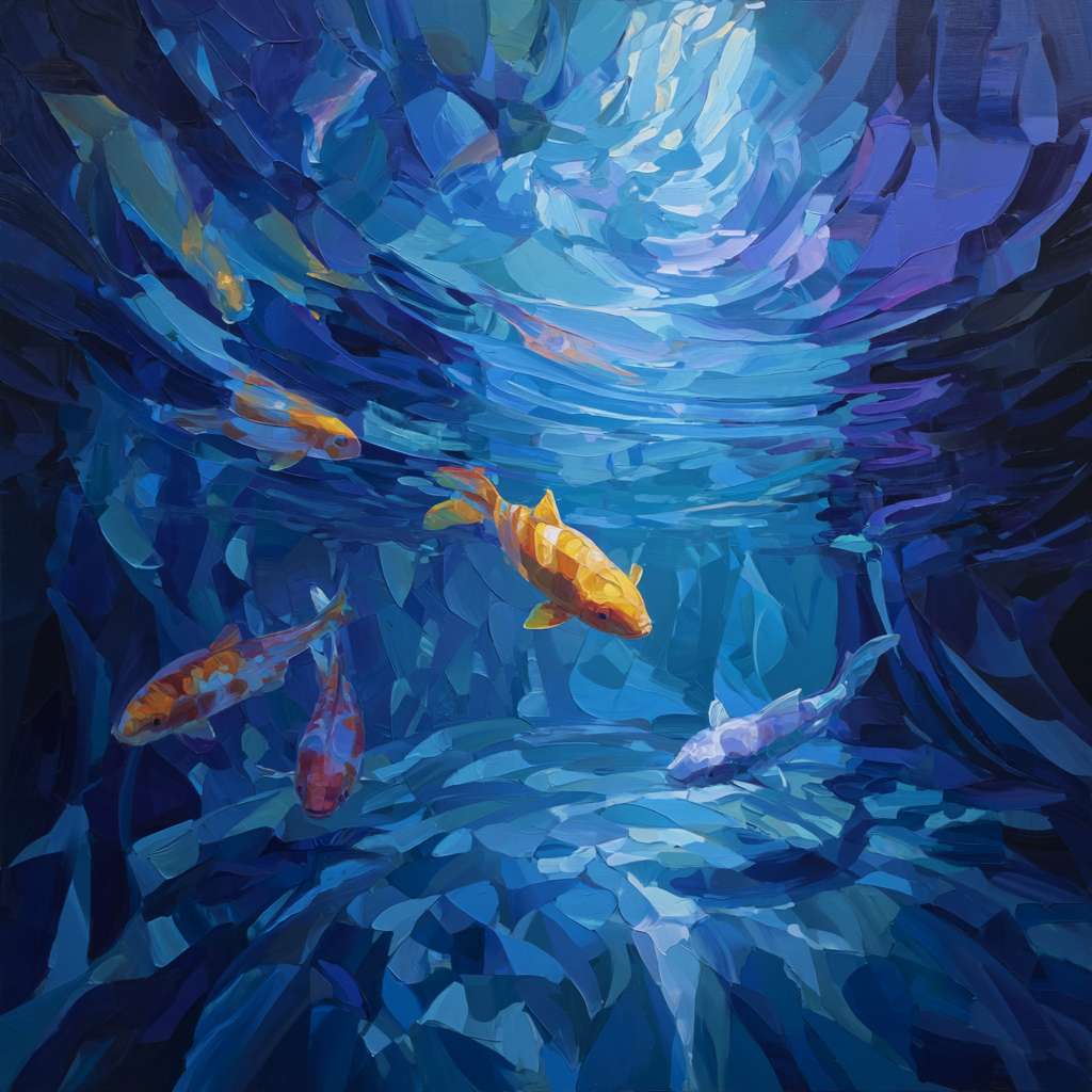 Surreal blue aquarium with dynamic koi and refracted light, bold strokes for waves, delicate strokes for scales, abstract energy. --ar 1:1 --v 7 --stylize 100 --fast