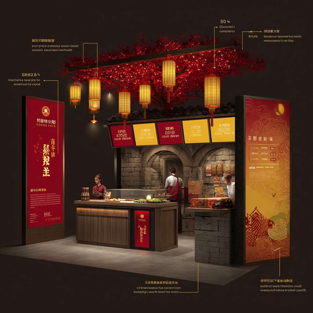 **主体场景**:
“中式餐饮店入口全景,中央立有3米高‘许愿中国树’艺术装置(红色灯笼组成树冠,金色许愿牌悬挂枝头),左侧家庭顾客正在树下挂许愿牌,右侧服务员手持‘国庆套餐’导视牌指向餐车区,背景有长城纹样装饰墙,暖黄色灯光氛围。”
**物料细节**:
- 悬挂海报:“屋顶交错悬挂420x297mm海报(红底金字,主视觉为腾飞+‘满200减50’文案)”
- 立式展架:“入口处1.8米高展架,顶部展示‘国庆限定套餐’(烤鸭特写图+298元价格),底部二维码发光”
- 元素:“收银台电子屏动态显示烟花特效优惠券(华表造型按钮点击领取)”
- 小型道具:“餐桌放置麦穗琉璃花瓶,插迷你国旗,搭配‘中国红蛋糕特价88元’桌卡”
**风格参数**:
“写实照片风格,超清,光影层次丰富(主光聚焦许愿树,背景柔焦),色彩方案:中国红(#DE2910)+鎏金(#FFD700)+月白(#F0F8FF),广角镜头透视增强空间感” --ar 1:1 --v 7 --stylize 100 --fast --no 水印
