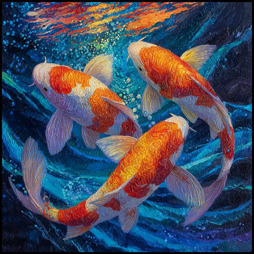 Surreal koi swimming amid blue water and colorful light splashes, 粗笔触 for waves, 细笔触 for iridescent details, lively oil. --ar 1:1 --v 7 --stylize 100 --fast --no 水印
