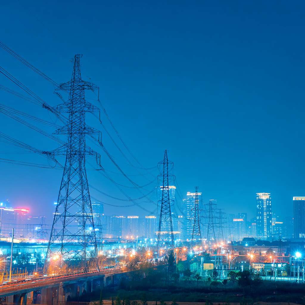 一张用于全国大学生职业规划大赛的图片，背景是深蓝色的天空，有电网控制中心和城市夜景，画面上方用大气醒目的字体写着‘守护电网中枢，点亮万家灯火’，下面是变电运行工程师，水电站与电力网技术专业，，画面下方有‘汇报人：XXX 指导老师：XXX 就业赛道’字样，字体样式与整体协调” --ar 1:1 --v 7 --stylize 100 --fast --no 水印