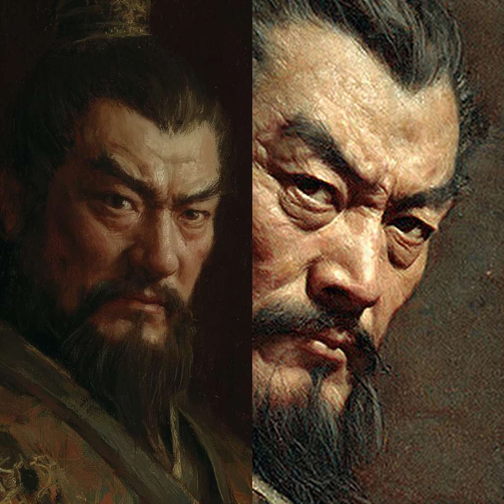 生成曹操全像，东方人的面孔，散装的眉毛,突起的上鼻梁和稍微有点倾斜的额头；身高1米65； --ar 1:1 --v 7 --stylize 100 --fast --no 水印