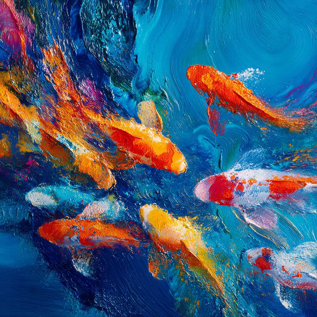 Vibrant underwater scene: blue water, 五彩光影，and dynamic koi, 粗笔触 for texture, 细笔触 for agility, abstract. --ar 1:1 --v 7 --stylize 100 --fast --no 水印