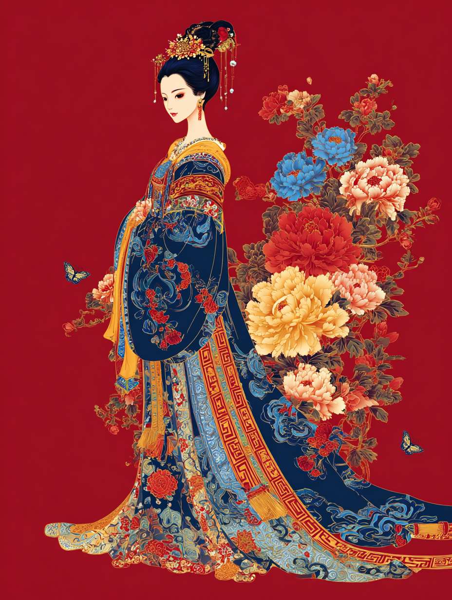 唐朝仕女, 全身像,矢量图, 牡丹花，蝴蝶，皇宫院落，极端的复杂性, 中国唐代永乐宫画, 刺绣 --ar 3:4 --v 7 --stylize 100 --fast --no 水印