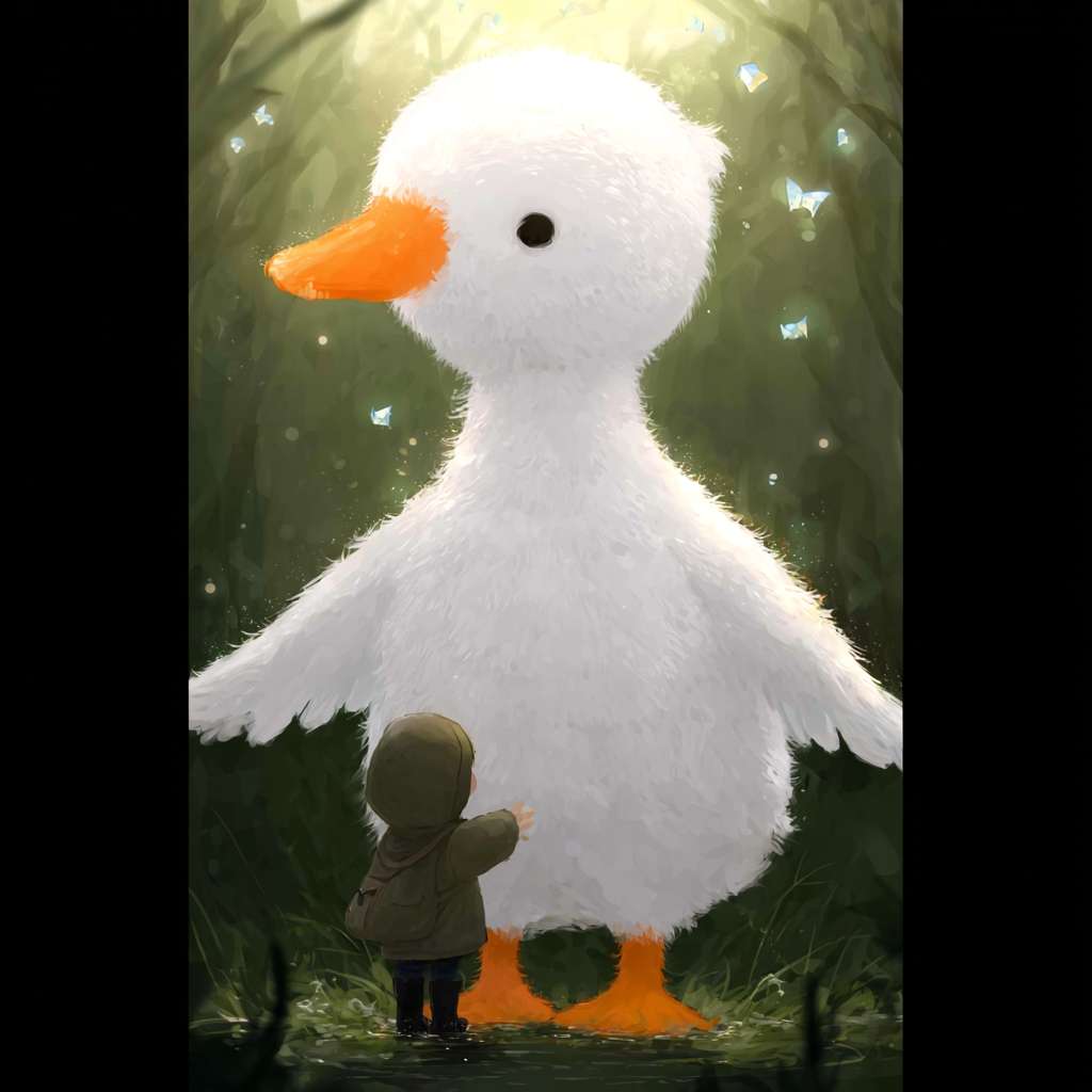 https://img-xpc-mj0.xpccdn.com/prod/upload/6142d541-9b9c-4c57-8e6b-ad78daa441dd/ME1753784848498.png~tplv-5yakomv5zn-auto-v1%3A1024%3A0%3Aq75.jpg 请使用插画风格。人和鹅的视角是远景。在森林深处有一只小白鹅和一个少年，他们高度差不多，面对面站着，小鹅伸出翅膀，少年伸出小手，翅膀和小手相碰。少年穿着全年的斗篷，斗篷的帽子很大，把脸都遮住了。森林上方打下一束柔和的光，光里漂浮着亮晶晶的孢子。 --ar 1:1 --v 7 --stylize 100 --fast --iw 1 --no 水印