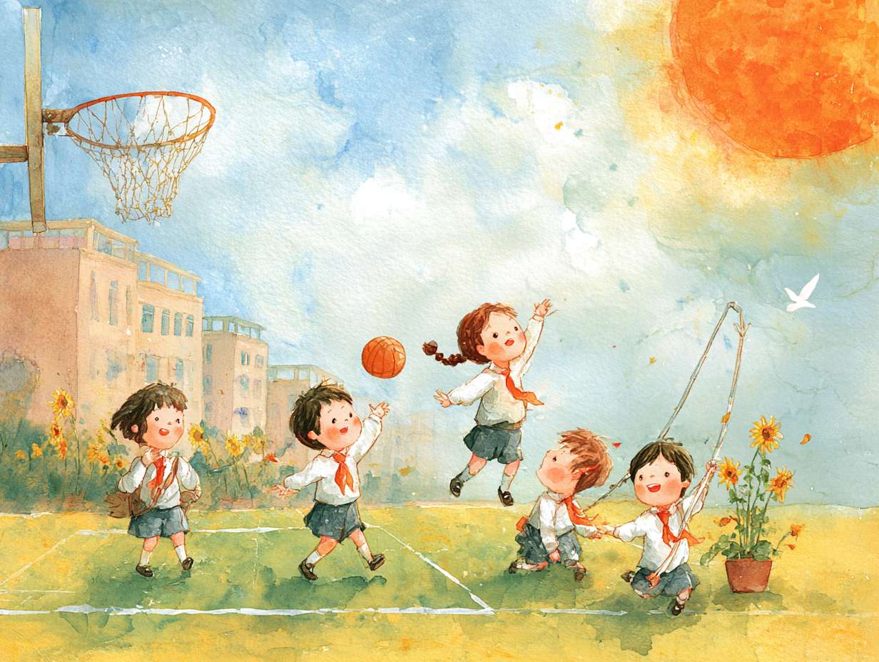 五年级·朝气如阳:
场景:夏日清晨的小学操场,阳光从画面左上斜射下来,形成金橙色的光束。
元素:
前景:3-4个五年级孩子在草坪上奔跑,扎马尾的女孩红领巾被风吹得飘成弧状,男孩抱着篮球跃起来,指尖碰到阳光;旁边有个蹲在地上的孩子,正用手指拨弄开得正艳的向日葵(花盘朝向太阳,花瓣上沾着微小的露珠)。
中景:绿色的塑胶跑道上,有孩子在跳跳绳(绳子模糊成浅粉的弧线),旁边的单杠上挂着校服外套,衣角随风动。
背景:淡蓝色的天空飘着像棉花糖的白云,云边被阳光染成橘红;远处的教学楼墙面是浅黄,窗户反射着光,隐约能看到走廊里的绿植。
色彩:主色调是暖黄(阳光)、草绿(草坪)、浅蓝(天空),点缀橙红(红领巾、向日葵花瓣)、粉白(跳绳、云朵)。
光影:所有物体都有短而清晰的影子(因为上午的阳光不烈),草叶上的露珠反射小光斑,向日葵花盘有明暗对比。
留白:画面下方1/3是平整的草坪(浅绿渐变到深绿),或天空的白云之间,适合放文字。 --ar 4:3 --v 7 --stylize 100 --fast --no 水印