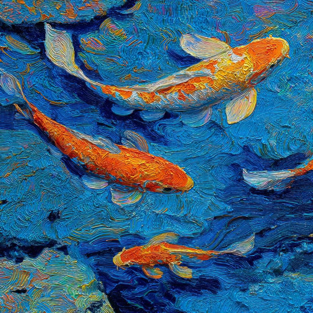 Surreal koi in blue water amid 五彩光影,thick impasto for water, thin lines for fish, oil.
Vibrant underwater scene: blue water, 五彩光影,and dynamic koi, 粗笔触 for texture, 细笔触 for agility, abstract.
Dreamlike blue water with rippling color and sinuous koi, expressive brushwork capturing motion, oil. --ar 1:1 --v 7 --stylize 100 --fast --no 水印