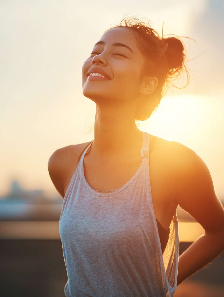 展示女性自信、快乐的表情，如微笑、冥想、愉悦的运动等，体现情绪调节的积极效果。同时，可以配合体质卡、情绪记录的元素，展示通过日常记录与调整来达到更好的情绪状态。 --ar 3:4 --v 7 --stylize 100 --fast --no 水印