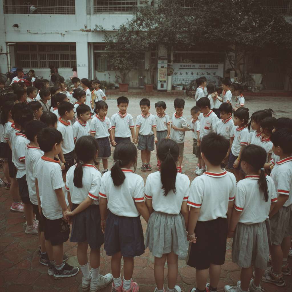 一班小六穿校服的學生們在校園裡圍成一個半圓形，以熊貓為主題，學生們一起將瀕危動物圖案玩集體遊戲 --ar 1:1 --v 7 --stylize 100 --fast --no 水印