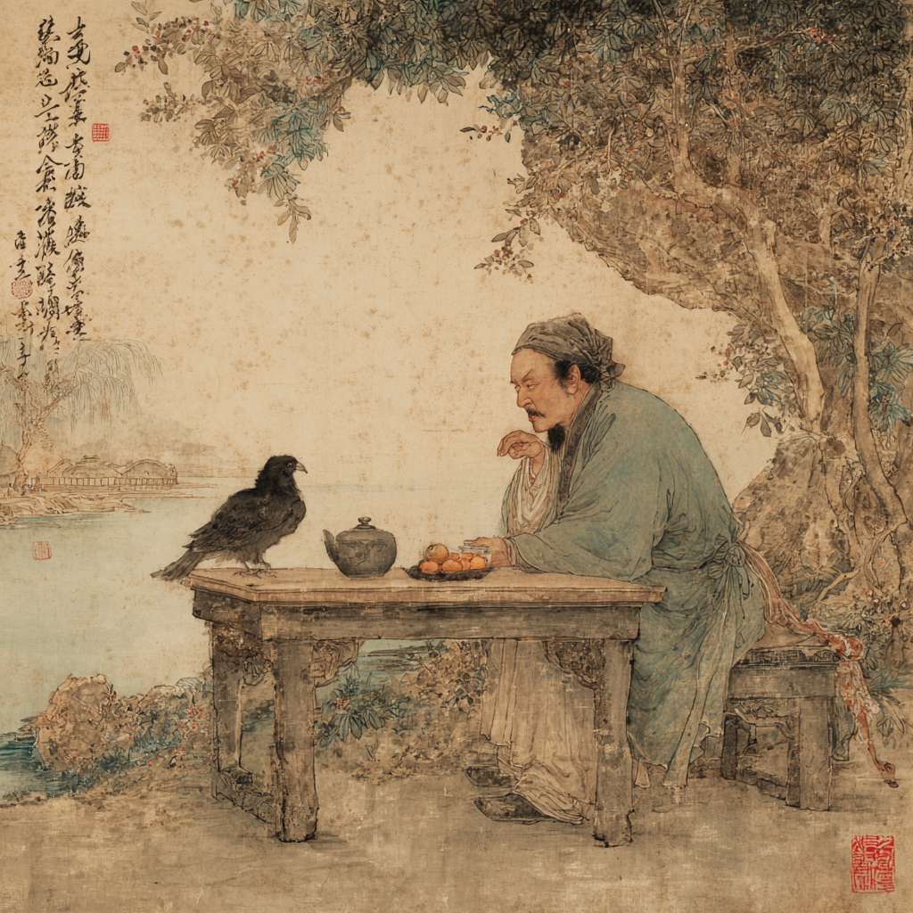 鹦鹉洲头，古色古香的桌案上，一只中年男人正在演奏古琴，画面只需要看见完整的琴身跟手就行 --ar 1:1 --v 7 --stylize 100 --fast --no 水印