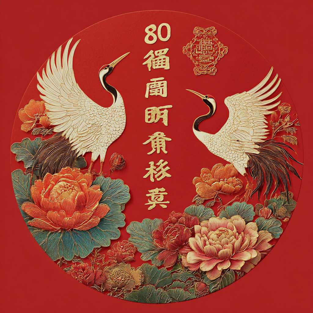 https://img-xpc-mj0.xpccdn.com/prod/upload/6476e087-60b9-455a-8e16-6bbbc3133b51/%E5%9B%BE%E7%89%87%E6%96%87%E5%AD%97%E6%9B%BF%E6%8D%A2%20_1_.png~tplv-5yakomv5zn-auto-v1%3A1024%3A0%3Aq75.jpg 在图中添加祥云，仙鹤等中国传统长寿的元素作为点缀或者贴纸，并且生成彩色的图画。主图圆形不变，红色底色保持不变。 --ar 1:1 --v 7 --stylize 100 --fast --iw 1 --no 水印