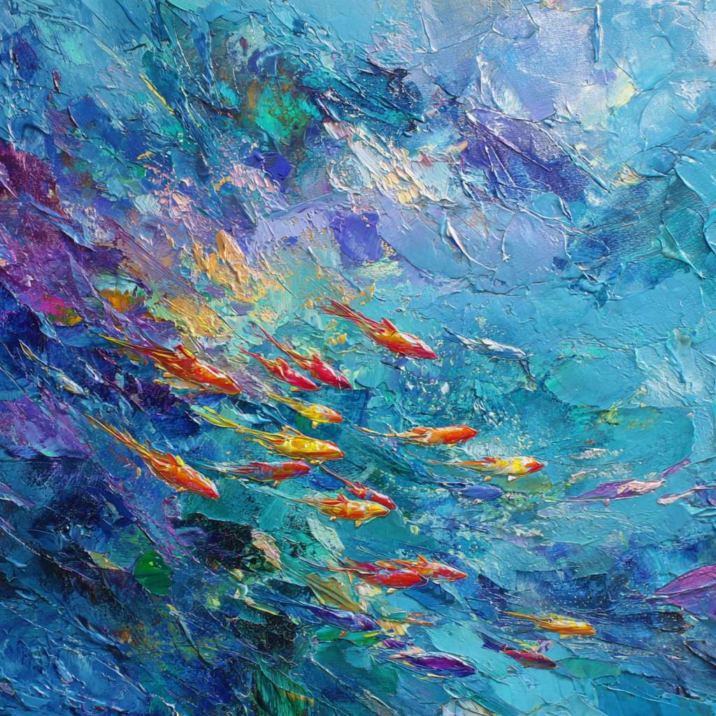 Dynamic blue sea interlaced with 五彩光影 and swimming koi, brushwork blending styles, lively abstract oil. --ar 1:1 --v 7 --stylize 100 --fast --no 水印