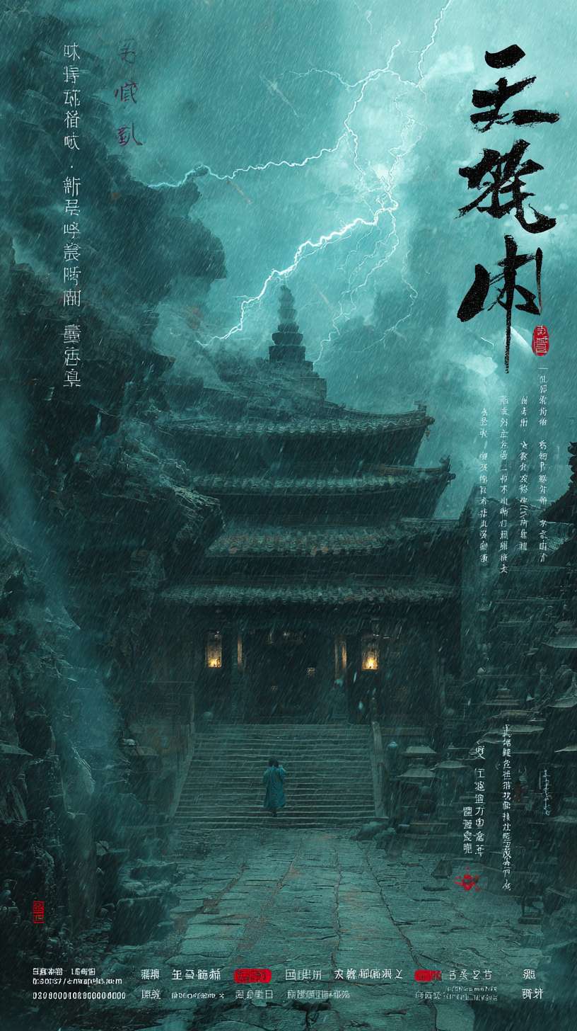 电影感，全景镜头，暴雨夜，破败的古代寺庙“兰若寺”，闪电划过夜空，气氛阴森恐怖，靛蓝色书生的背影正在奔跑，水墨画风格，高对比度，4K，超详细。 --ar 9:16 --v 7 --stylize 100 --fast --no 水印