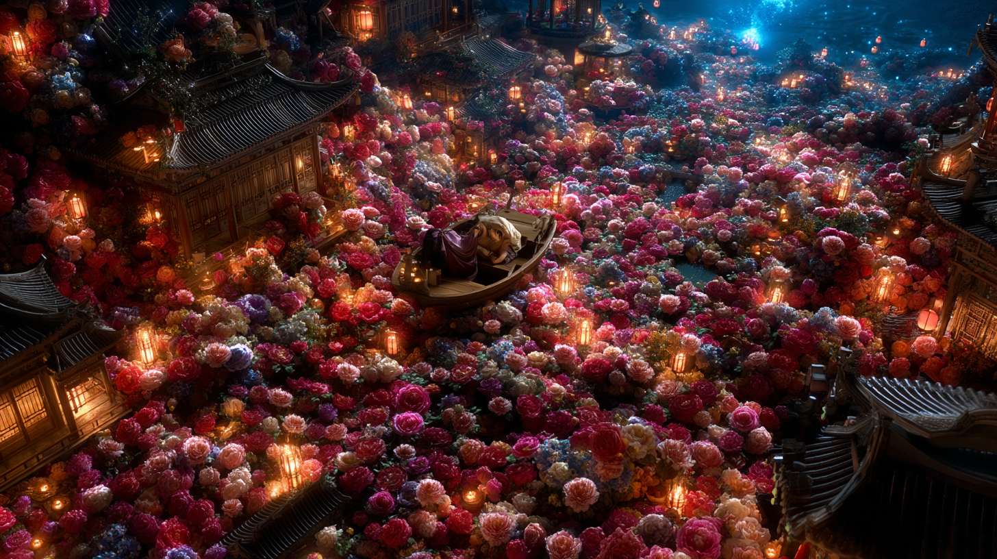 Unreal Engine 5 rendering, in this awe-inspiring scene of the ancient Luoyang Flower Festival, the composition centers on a vast sea of blooming peonies, surrounded by ancient-style pavilions, buildings, and winding corridors adorned with countless red lanterns, while the night sky is continuously lit up by colorful fireworks, the foreground features a celebrating crowd dressed in elegant Hanfu singing and dancing, the middle ground includes traditional Chinese architecture such as eaves-cornered pavilions, and the background blends deep blue starry skies with brilliant fireworks, in terms of color, vibrant reds, golds, and greens dominate, symbolizing luck and wealth, with the pink and white of the flowers sharply contrasting with the warm yellow of the lanterns, and the multicolored lights of the fireworks adding dynamic color variations, the lighting effects are exquisitely detailed, the soft glow from the lanterns casts warm shadows on people's faces and the ground, while the explosive flashes of fireworks create dazzling halos, contrasting with the cool moonlight to enhance the image's depth and dynamism, the entire scene is bustling and lively, with lanterns swaying gloriously, fireworks sparkling brilliantly, and the crowd cheering incessantly, as if transporting the viewer into a dreamlike ancient prosperous era filled with the charm of Chinese elements. --ar 16:9 --v 7 --c 20 --quality 4 --stylize 100 --fast