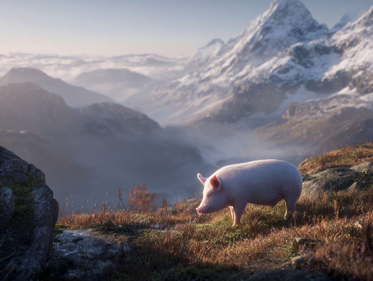 Photorealistic cinematic image，A pale pink pig on the grass next to the mountaintop, with a rocky mountain range behind it, and fog connecting the mountain range, full of warm colors and ultra high definition real materials， highly detailed photo. --ar 4:3 --v 7 --style raw --stylize 100 --fast