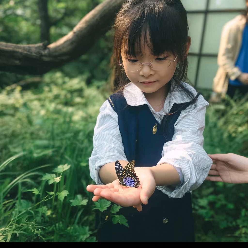 https://img-xpc-mj0.xpccdn.com/prod/upload/6e9dc18e-5afa-4c22-a935-60cd0e1cd4aa/%E5%BE%AE%E4%BF%A1%E5%9B%BE%E7%89%87_20251111164523_1438_207.png~tplv-5yakomv5zn-auto-v1%3A1024%3A0%3Aq75.jpg 一位大約十至十一歲的小學女生站在綠意盎然的草地裡，陽光從樹葉間灑下。她伸出手掌，一隻蝴蝶輕輕停留在她的手上。女孩專注而溫柔地觀察著蝴蝶，表情充滿好奇與純真。真實攝影風格，穿著校服。 --ar 1:1 --v 7 --stylize 100 --fast --iw 1 --no 水印