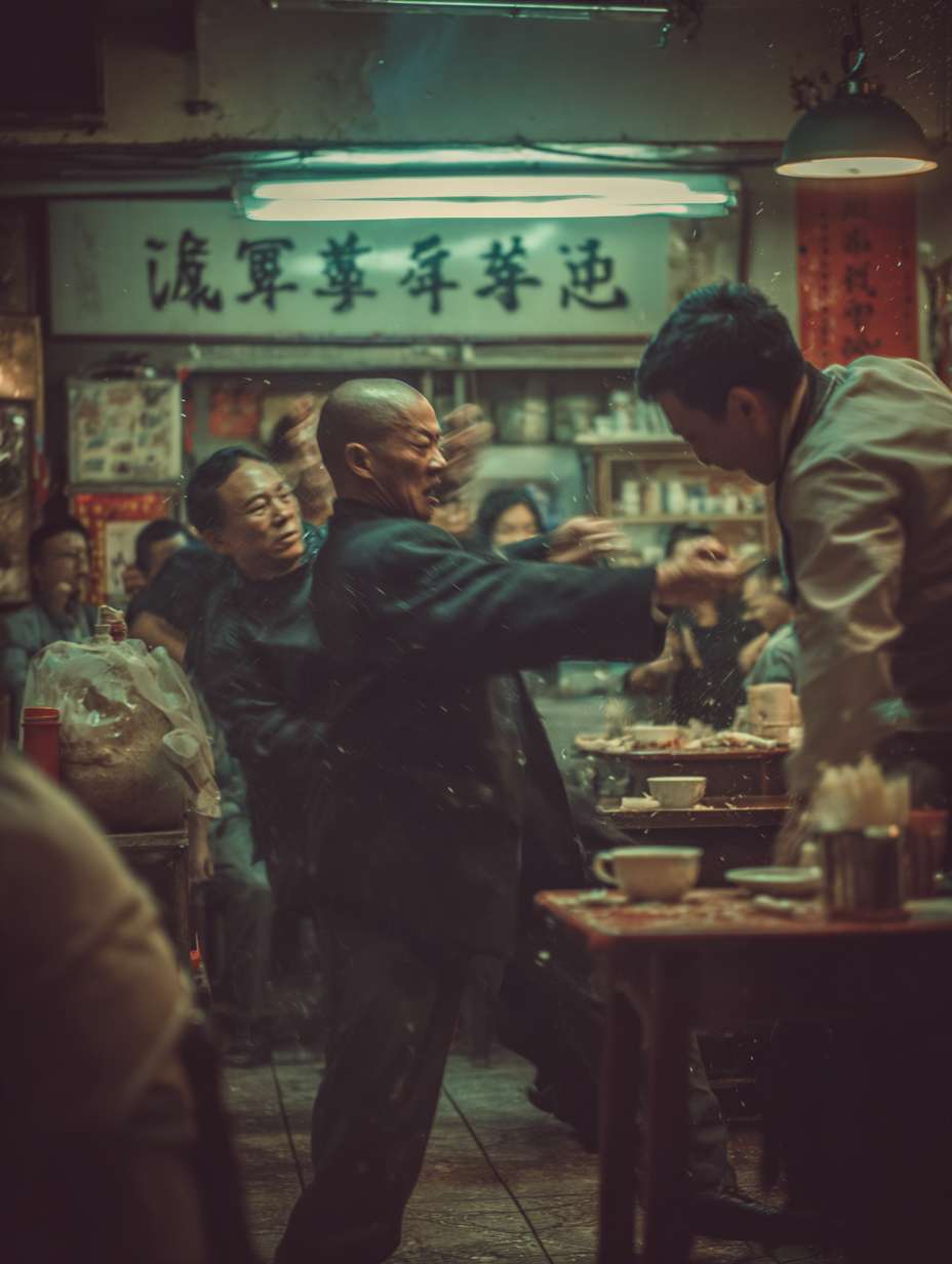 宋代茶楼内恶霸吃霸王餐场景，彪悍的食客拒绝付账，店小二试图阻拦但被推开，桌椅翻倒，其他食客惊讶观望，戏剧性构图，深色调 --ar 3:4 --v 7 --stylize 100 --fast --no 水印