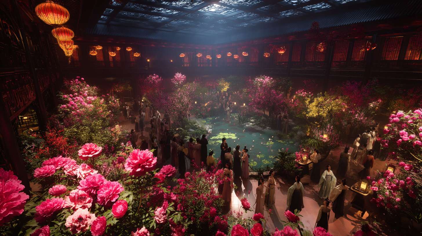 Unreal Engine 5 rendering, in this awe-inspiring scene of the ancient Luoyang Flower Festival, the composition centers on a vast sea of blooming peonies, surrounded by ancient-style pavilions, buildings, and winding corridors adorned with countless red lanterns, while the night sky is continuously lit up by colorful fireworks, the foreground features a celebrating crowd dressed in elegant Hanfu singing and dancing, the middle ground includes traditional Chinese architecture such as eaves-cornered pavilions, and the background blends deep blue starry skies with brilliant fireworks, in terms of color, vibrant reds, golds, and greens dominate, symbolizing luck and wealth, with the pink and white of the flowers sharply contrasting with the warm yellow of the lanterns, and the multicolored lights of the fireworks adding dynamic color variations, the lighting effects are exquisitely detailed, the soft glow from the lanterns casts warm shadows on people's faces and the ground, while the explosive flashes of fireworks create dazzling halos, contrasting with the cool moonlight to enhance the image's depth and dynamism, the entire scene is bustling and lively, with lanterns swaying gloriously, fireworks sparkling brilliantly, and the crowd cheering incessantly, as if transporting the viewer into a dreamlike ancient prosperous era filled with the charm of Chinese elements. --ar 16:9 --v 7 --c 20 --quality 4 --stylize 100 --fast