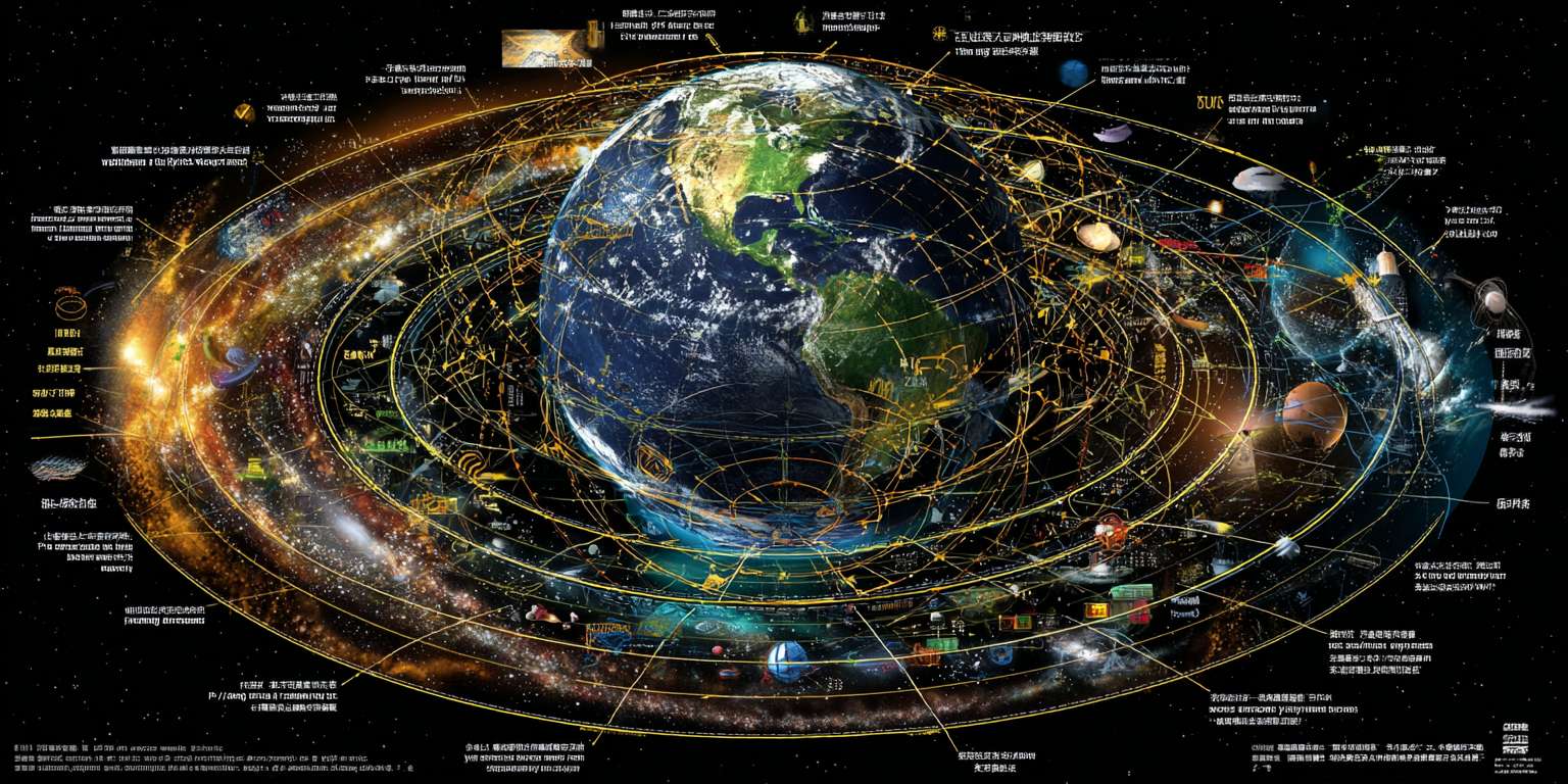地球与科技线路”的概念，深化为一个关于文明、网络、数据与宇宙关系的宏大叙事。它将地球具体化为一个活着的计算实体，将物联网线路具体化为一个多层次、动态、有智能体穿梭的生态系统，并通过宇宙背景和潜在威胁增添了故事的深度与张力，完全符合您所要求的“非常具体和科技风，信息网络风” --ar 2:1 --v 7 --stylize 100 --fast --no 水印