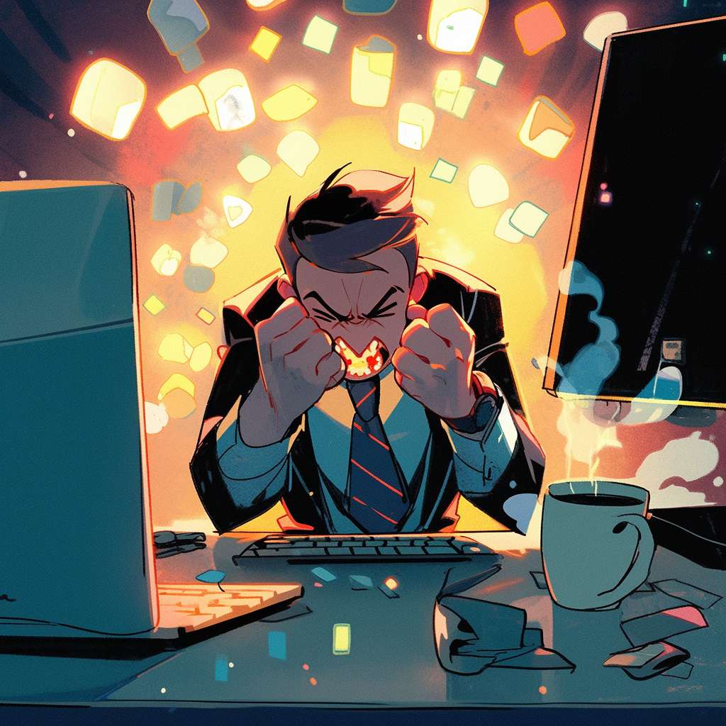 An angry office worker in a gray suit, fists clenched, steam coming out of nostrils, staring at a broken coffee cup on a messy desk, neon lights flickering in the background, dramatic lighting, --ar 1:1 --style cute --stylize 600 --fast --niji 5