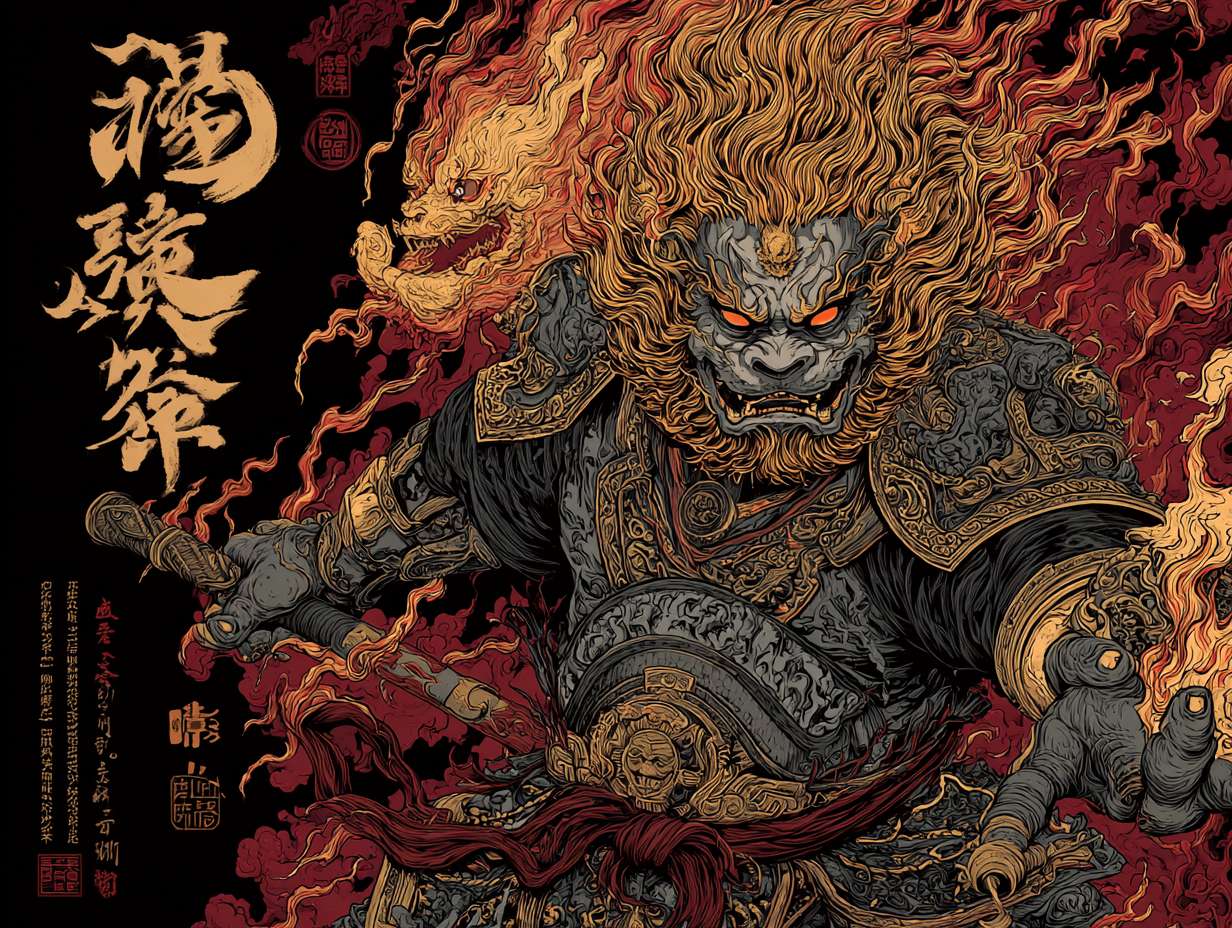 绘制三视图《哪吒重生》机械朋克风格，转世哪吒，桀骜，火焰特效 --ar 4:3 --v 7 --stylize 100 --fast --no 水印