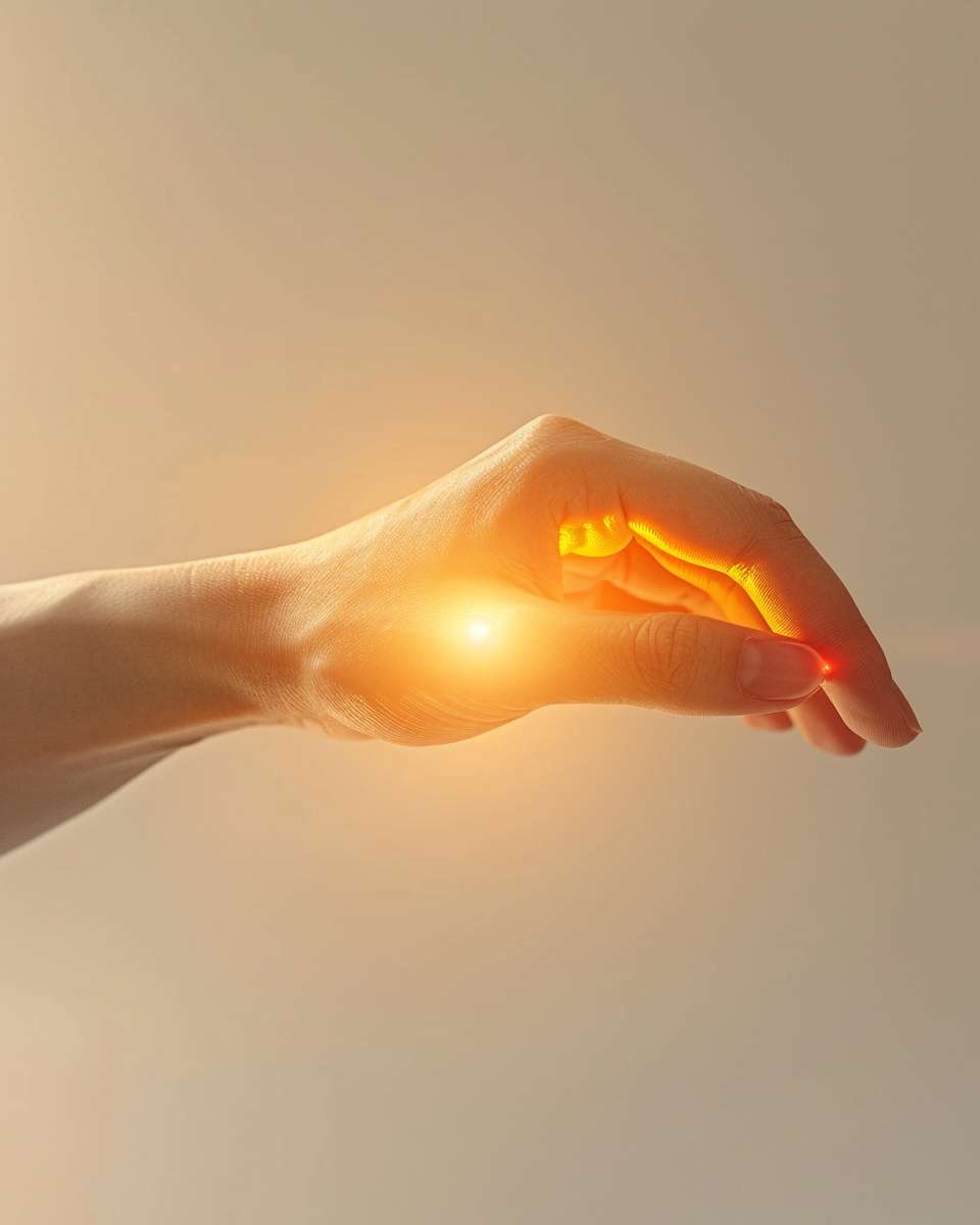 Close-up of Asian hand patting inner elbow crease, red pressure point glow, soft golden light, minimalist medical illustration style, no text --ar 4:5 --v 6 --stylize 100 --fast