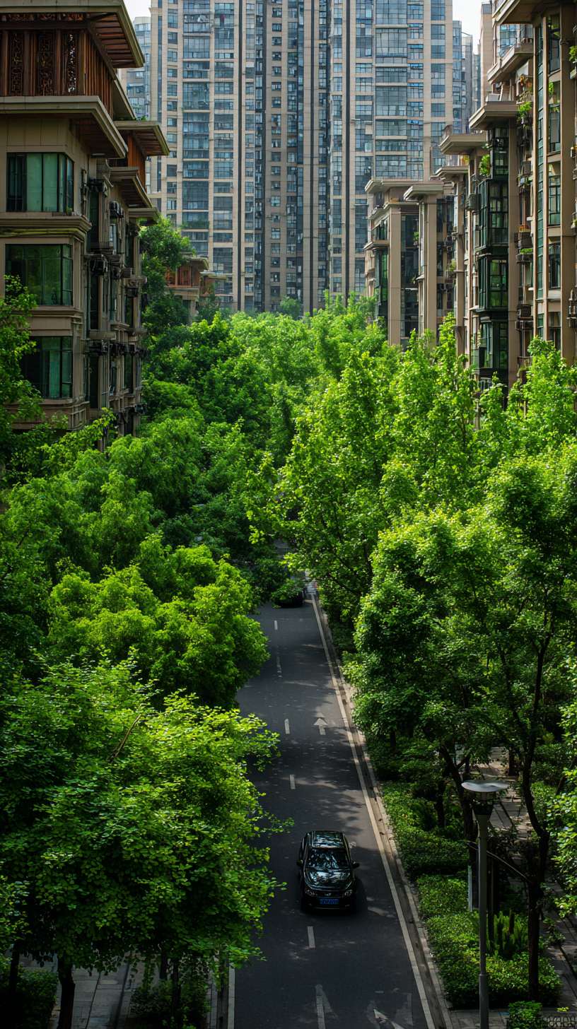 充满生机的城市绿化景观：郁郁葱葱的行道树、小区内的绿荫 --ar 9:16 --v 7 --stylize 100 --fast --no 水印