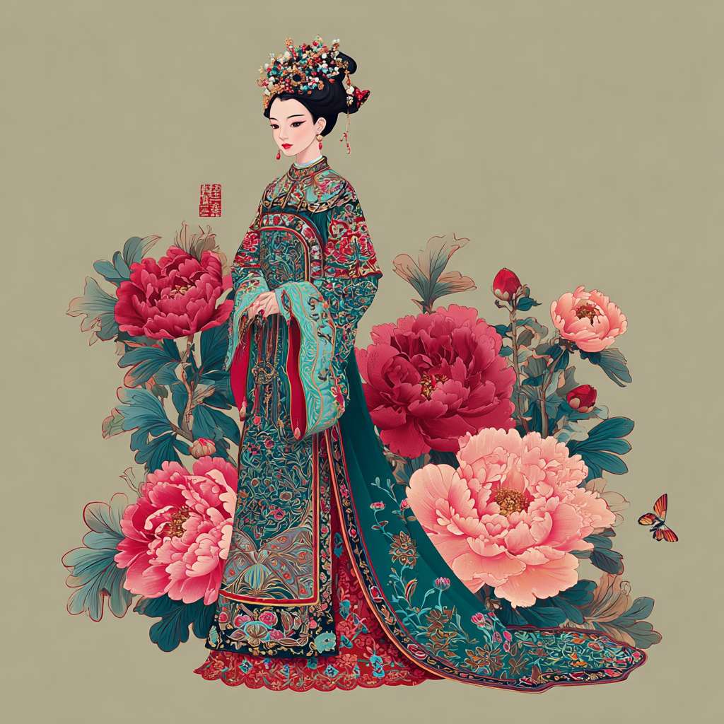 唐朝仕女, 全身像,矢量图, 牡丹花，蝴蝶，皇宫院落，极端的复杂性, 中国唐代永乐宫画, 刺绣 --ar 1:1 --v 7 --stylize 100 --fast --no 水印