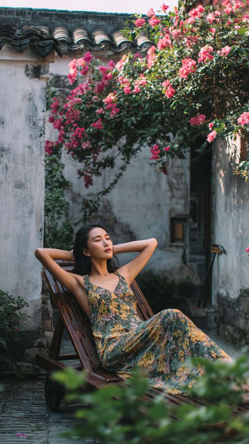 在一个白墙灰瓦的大理小院子里，一个美女在躺椅上悠闲的躺着晒太阳，院子里开满了花 --ar 9:16 --v 7 --stylize 100 --fast --no 水印