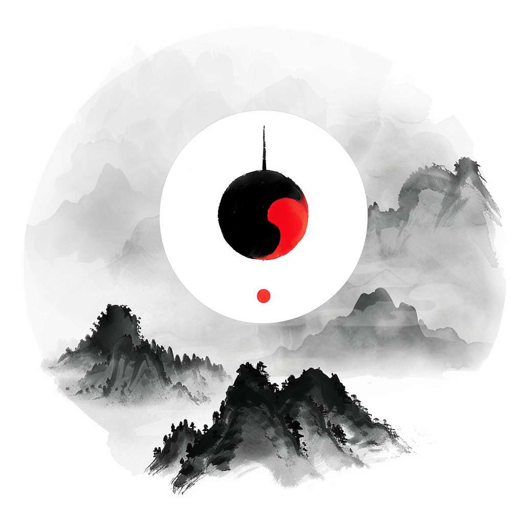 Chinese ink painting style, circular Tai Chi (Yin Yang) symbol, black and white with a single red dot in the center, surrounded by subtle misty mountain silhouettes, pure white background, Zen minimalist style, no text, no watermark, clean and serene, high detail, vector art --ar 1:1 --v 6 --style raw --quality 2 --stylize 100 --fast