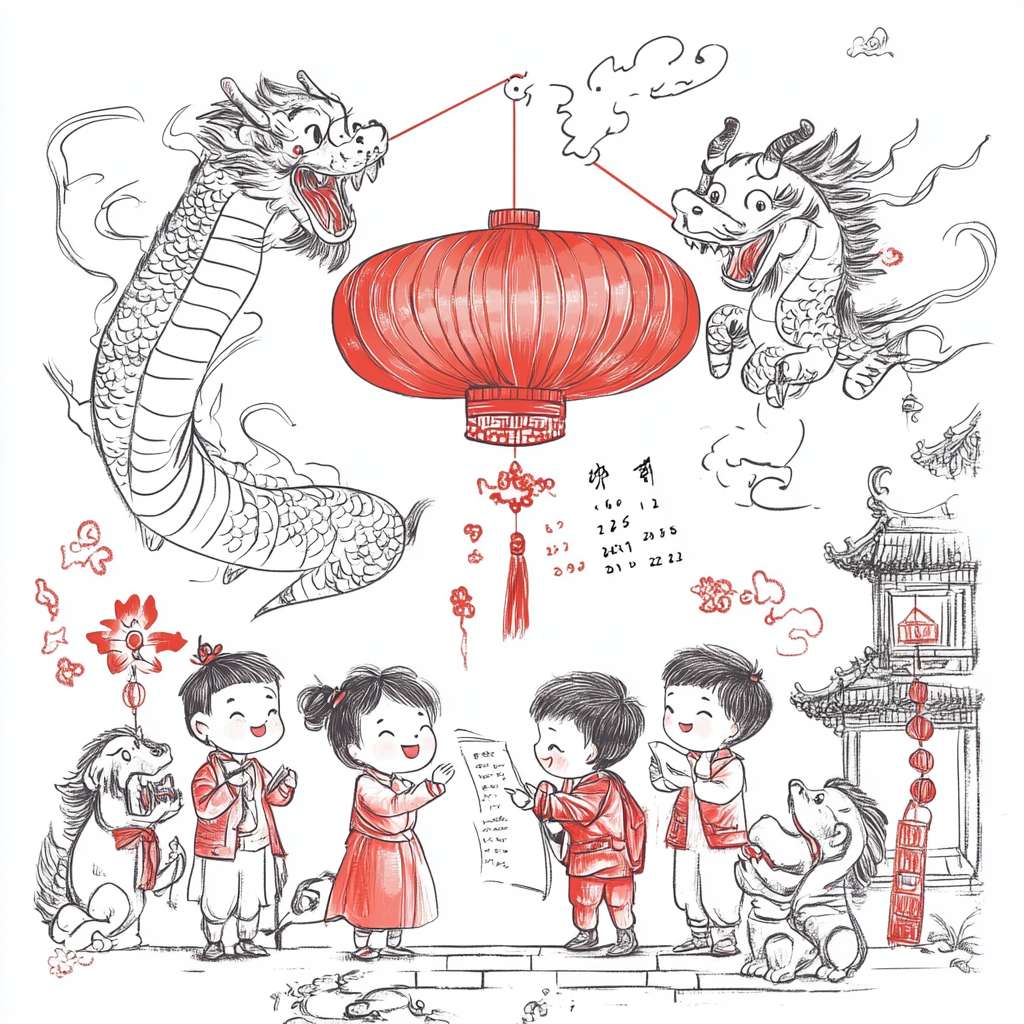 小学生手抄报，线稿图，不需要颜色，中国2025年每月日历，2025年生肖。 --ar 1:1 --v 6.1 --stylize 100 --fast