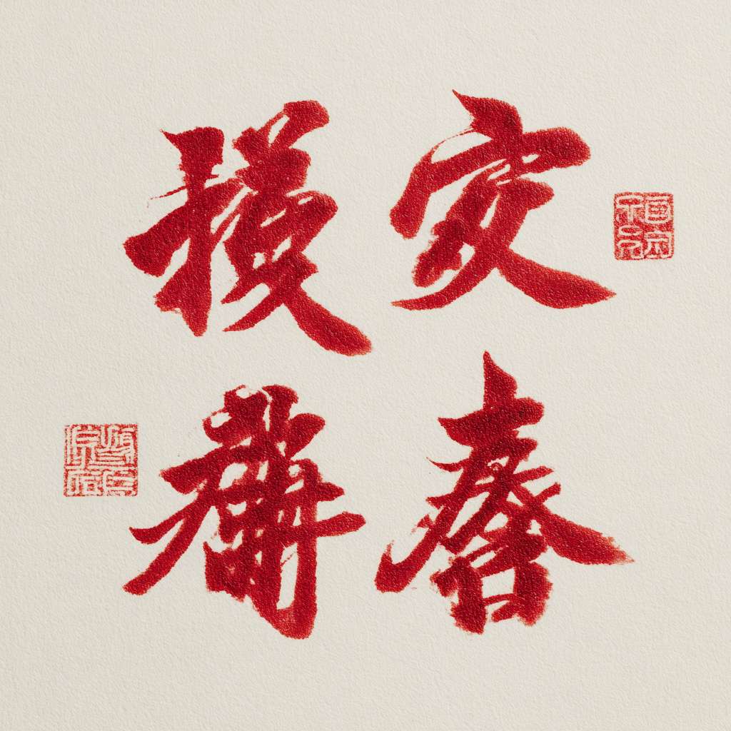分别生成福祿壽囍財發旺滿春，艺术字，高清，纯白底，纯红色字体。字体饱满、流畅。可添加其他纯色元素。 --ar 1:1 --v 7 --stylize 100 --fast --no 水印