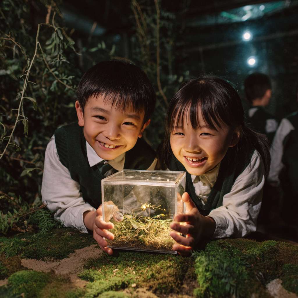 有2位穿著校服的華人小學生開心的表情雙手托起一個螢火蟲的正方體透明小盒子，盒子內的螢火蟲在青苔上發光 --ar 1:1 --v 7 --stylize 100 --fast --no 水印