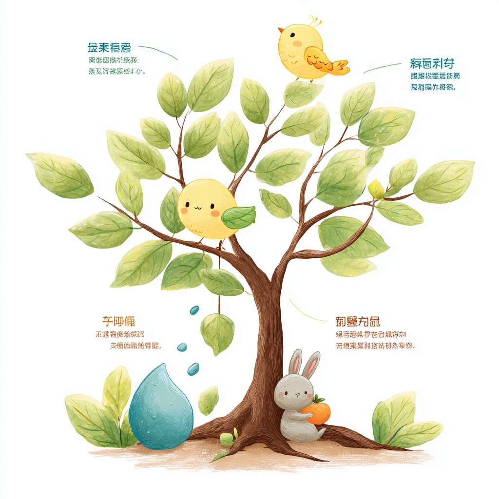 圆圈左侧:植物与动物的自然生长
主体:一棵矮胖的卡通大树,树干是棕色曲线,树枝向左右轻轻舒展,树叶是嫩绿色的小椭圆形(每片叶子都画个小笑脸);树根部分不埋在土里,而是画成 “缠绕着小水滴” 的样子(水滴是蓝色半圆,带小波纹),代表 “道滋养自然”。
互动元素:树的枝桠上站着一只圆滚滚的小鸟(黄色身体,翅膀是浅橙色小三角,嘴里叼着一颗小果子),树下趴着一只浅灰色小兔子(耳朵耷拉着,爪子抱着一片树叶),两者都朝着太阳的方向看,体现 “动物顺应植物生长、自然规律”。
标注气泡:给大树配个白色小气泡,里面写 “自然生长,不催不赶”。简笔画 --ar 1:1 --v 7 --stylize 100 --fast --no 水印