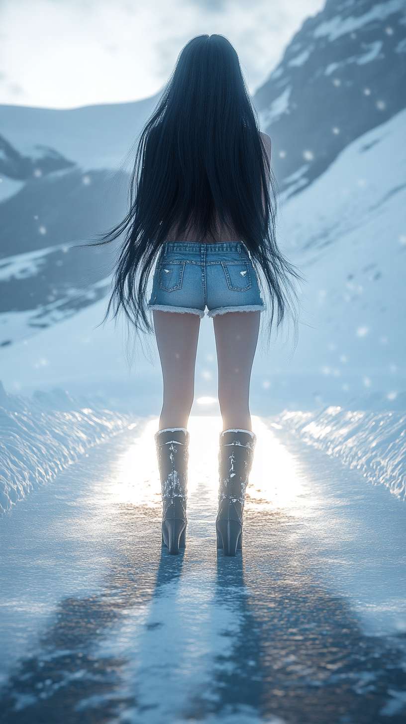 美少女，正面，长发，黑发，牛仔短裤，长腿，长靴，冬天，雪，雪地，雪山，光线 --ar 9:16 --v 6.1 --stylize 100 --fast --no 水印,水印