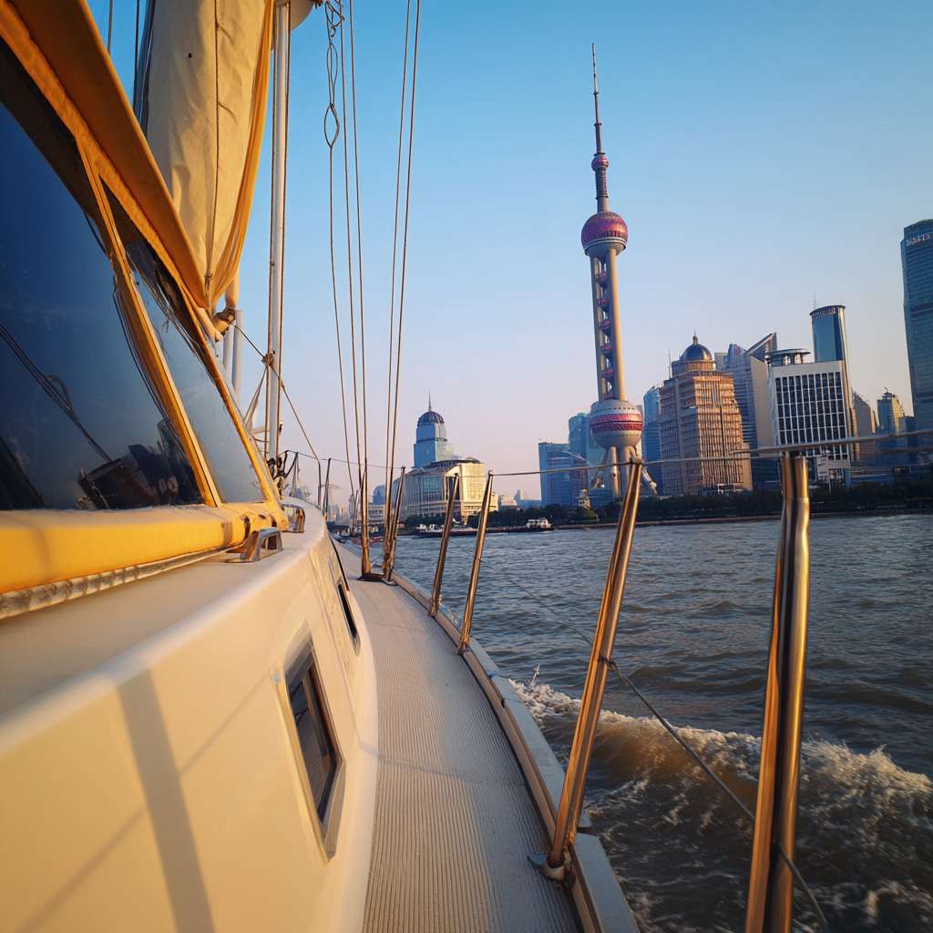 第三人称视角，精致的小型游艇在深蓝色黄浦江面上航行，游艇具有流线型设计、白色船体、小型甲板，巨大的黄色瓶子稳稳地放置在游艇的甲板上，瓶子底部与游艇甲板表面紧密接触，游艇的栏杆和甲板结构清晰可见，背景是东方明珠塔和陆家嘴CBD建筑群，整体暖色调 --ar 1:1 --v 7 --stylize 100 --fast --no 水印
