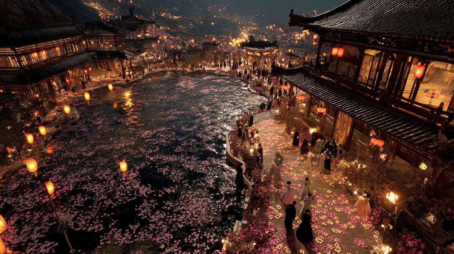 Unreal Engine 5 rendering, in this awe-inspiring scene of the ancient Luoyang Flower Festival, the composition centers on a vast sea of blooming peonies, surrounded by ancient-style pavilions, buildings, and winding corridors adorned with countless red lanterns, while the night sky is continuously lit up by colorful fireworks, the foreground features a celebrating crowd dressed in elegant Hanfu singing and dancing, the middle ground includes traditional Chinese architecture such as eaves-cornered pavilions, and the background blends deep blue starry skies with brilliant fireworks, in terms of color, vibrant reds, golds, and greens dominate, symbolizing luck and wealth, with the pink and white of the flowers sharply contrasting with the warm yellow of the lanterns, and the multicolored lights of the fireworks adding dynamic color variations, the lighting effects are exquisitely detailed, the soft glow from the lanterns casts warm shadows on people's faces and the ground, while the explosive flashes of fireworks create dazzling halos, contrasting with the cool moonlight to enhance the image's depth and dynamism, the entire scene is bustling and lively, with lanterns swaying gloriously, fireworks sparkling brilliantly, and the crowd cheering incessantly, as if transporting the viewer into a dreamlike ancient prosperous era filled with the charm of Chinese elements. --ar 16:9 --v 7 --c 20 --quality 4 --stylize 100 --fast