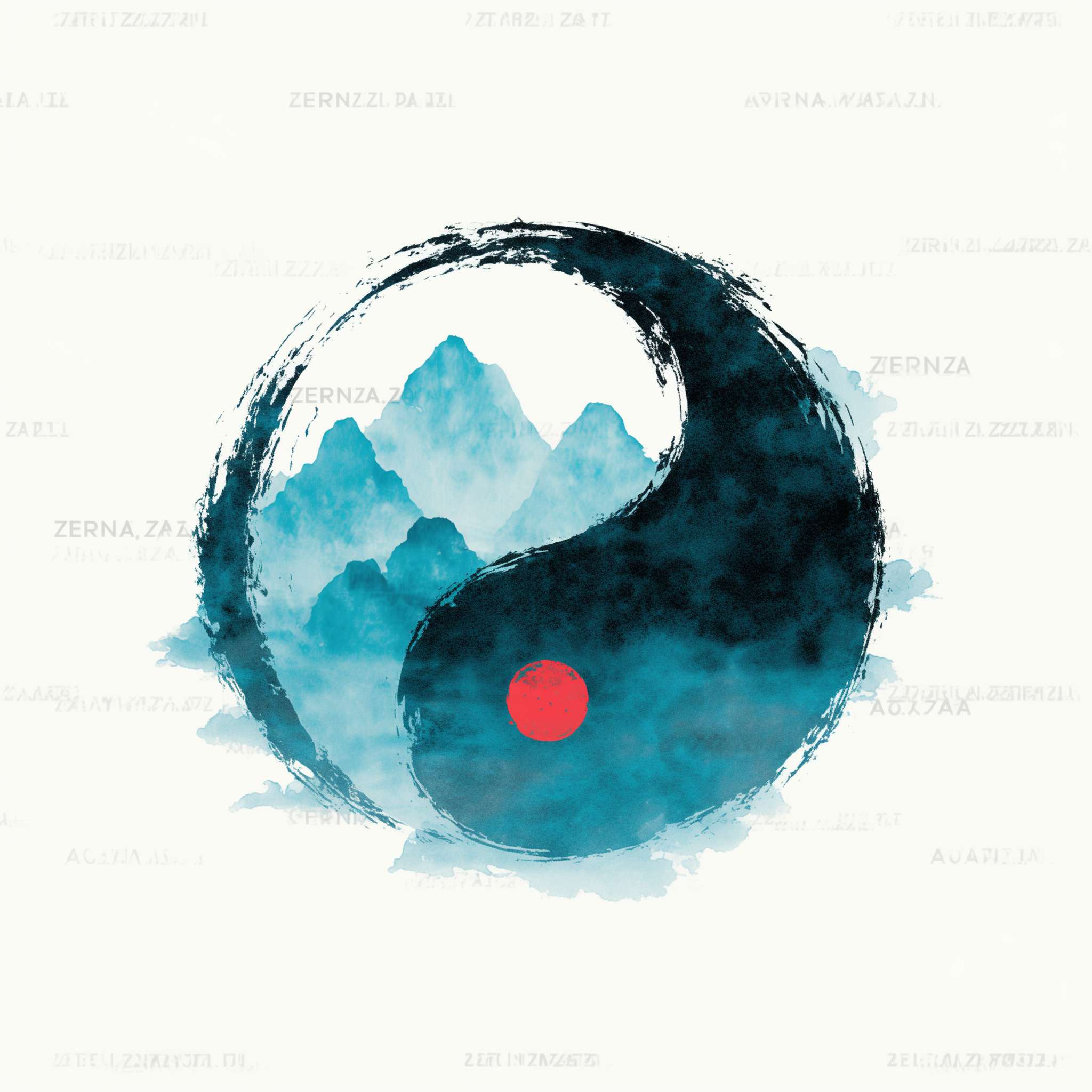 "Circular logo, a minimalist ink-wash Tai Chi symbol in cyan and black, surrounded by faint mountain silhouettes, red dot in Tai Chi center, white background, Chinese Zen style, clean and serene, no text, high resolution, vector style" --ar 1:1 --v 7 --stylize 100 --fast