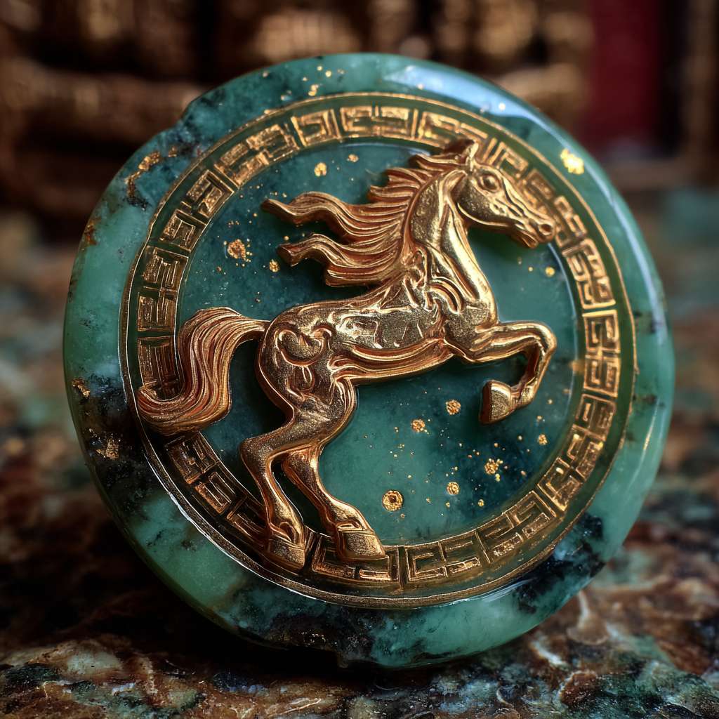 **马符咒（Horse Talisman）特征描述：**
1. **主体造型**：圆形玉质徽章，直径约5cm，边缘有青铜镶边  
2. **核心图案**：中央浮雕一匹奔腾的骏马（参考汉代马踏飞燕的动感姿态）  
3. **材质质感**：  
   - 基底：翡翠绿色半透明玉石  
   - 镶边：古铜色金属，带有青铜锈迹  
   - 符文：金色能量线条在玉石内部流动  
4. **特效光效**：  
   - 马眼散发金色微光  
   - 符咒边缘有星尘般的光点飘散  
5. **背景建议**：  
   - 深色石质纹理（如古代祭坛）  
   - 底部飘散着青色灵气薄雾 --ar 1:1 --v 7 --stylize 100 --fast --no 水印