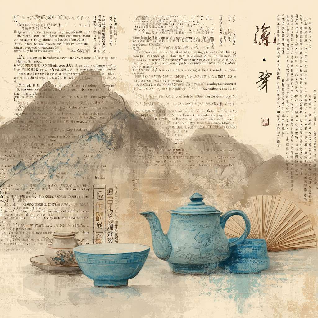 "Horizontal layout, left side: faded ancient Chinese book pages, right side: vertical '养心' in seal script, below it a teapot, Tai Chi fan, and blue-white porcelain bowl, soft beige and cyan colors, light ink-wash mountains at bottom, traditional Chinese style, 1200x600 pixels" --ar 1:1 --v 7 --stylize 100 --fast --no 水印