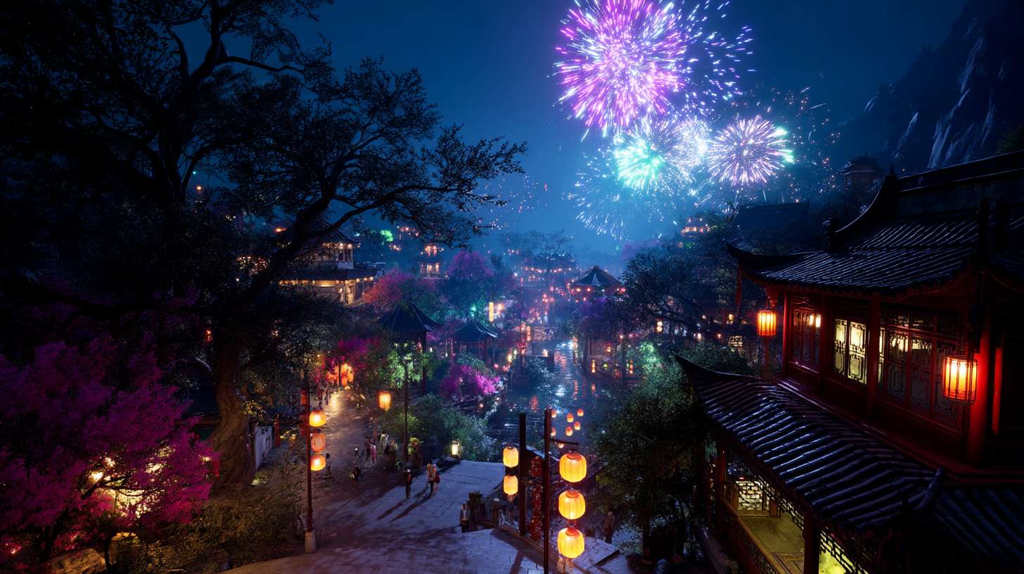 Unreal Engine 5 rendering, in this awe-inspiring scene of the ancient Luoyang Flower Festival, the composition centers on a vast sea of blooming peonies, surrounded by ancient-style pavilions, buildings, and winding corridors adorned with countless red lanterns, while the night sky is continuously lit up by colorful fireworks, the foreground features a celebrating crowd dressed in elegant Hanfu singing and dancing, the middle ground includes traditional Chinese architecture such as eaves-cornered pavilions, and the background blends deep blue starry skies with brilliant fireworks, in terms of color, vibrant reds, golds, and greens dominate, symbolizing luck and wealth, with the pink and white of the flowers sharply contrasting with the warm yellow of the lanterns, and the multicolored lights of the fireworks adding dynamic color variations, the lighting effects are exquisitely detailed, the soft glow from the lanterns casts warm shadows on people's faces and the ground, while the explosive flashes of fireworks create dazzling halos, contrasting with the cool moonlight to enhance the image's depth and dynamism, the entire scene is bustling and lively, with lanterns swaying gloriously, fireworks sparkling brilliantly, and the crowd cheering incessantly, as if transporting the viewer into a dreamlike ancient prosperous era filled with the charm of Chinese elements. --ar 16:9 --v 7 --c 20 --quality 4 --stylize 100 --fast