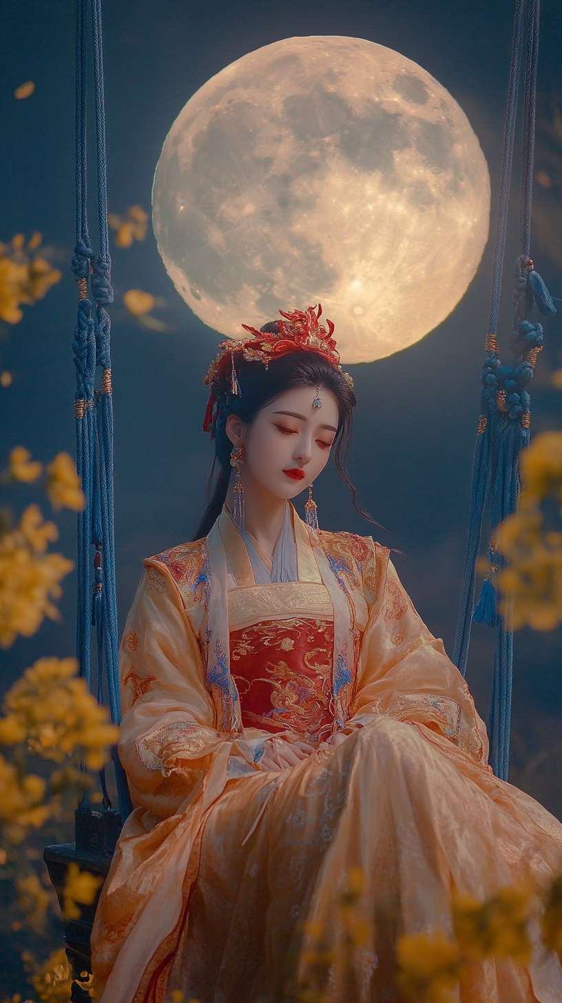 视频展示了一位优雅的女子身着红黄交织的唐朝贵妃服装，坐在精致的秋千上悠然荡漾。要求从头到脚全身照。她头戴红色凤冠，配以蓝色系的耳环与项链，更显其端庄秀丽。背景中的满月明亮夺目，四周簇拥着黄花绿叶，营造出一幅如诗如画的景色。秋千的绳索上挂着蓝色珠串与小铃铛，随着女子的摆动轻轻作响，增添了几分灵动与趣味。整个画面如同一幅生动的画卷，让人仿佛置身于古风雅韵之中。 --ar 9:16 --v 6.1 --stylize 100 --fast