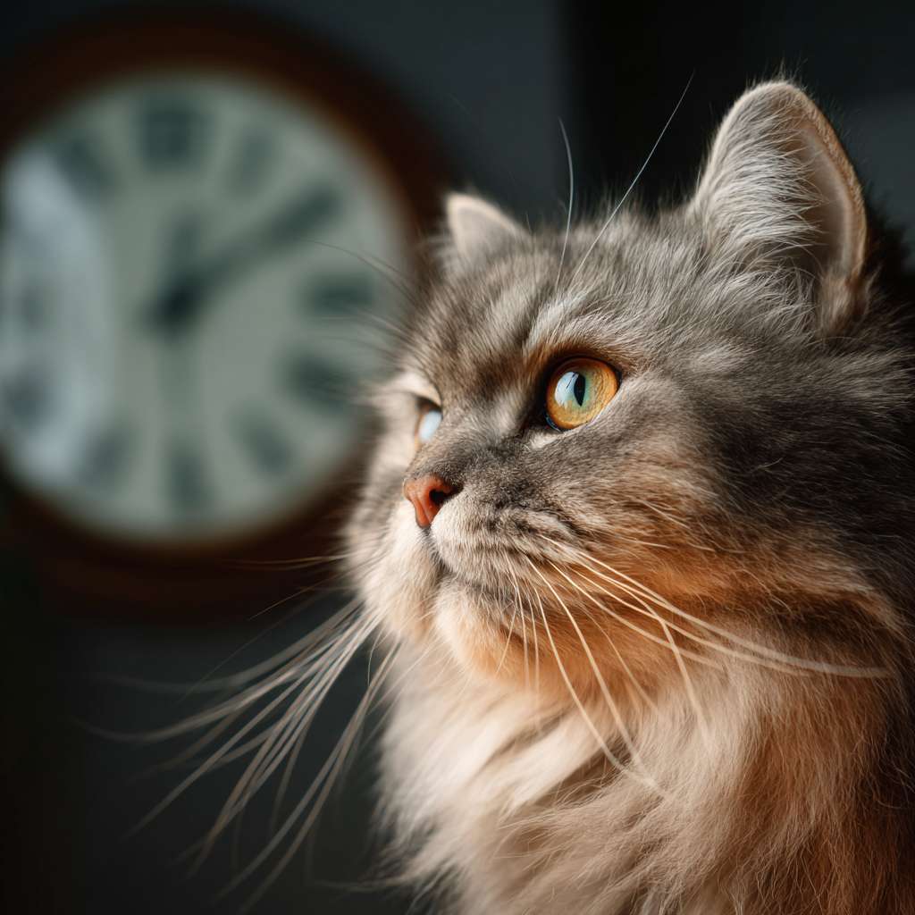 一只布偶猫，眼神呆滞地望着墙上的时钟，时钟指向5点，照片级真实感，4k，细节生动，滑稽可爱 --ar 1:1 --v 7 --stylize 100 --fast --no 水印