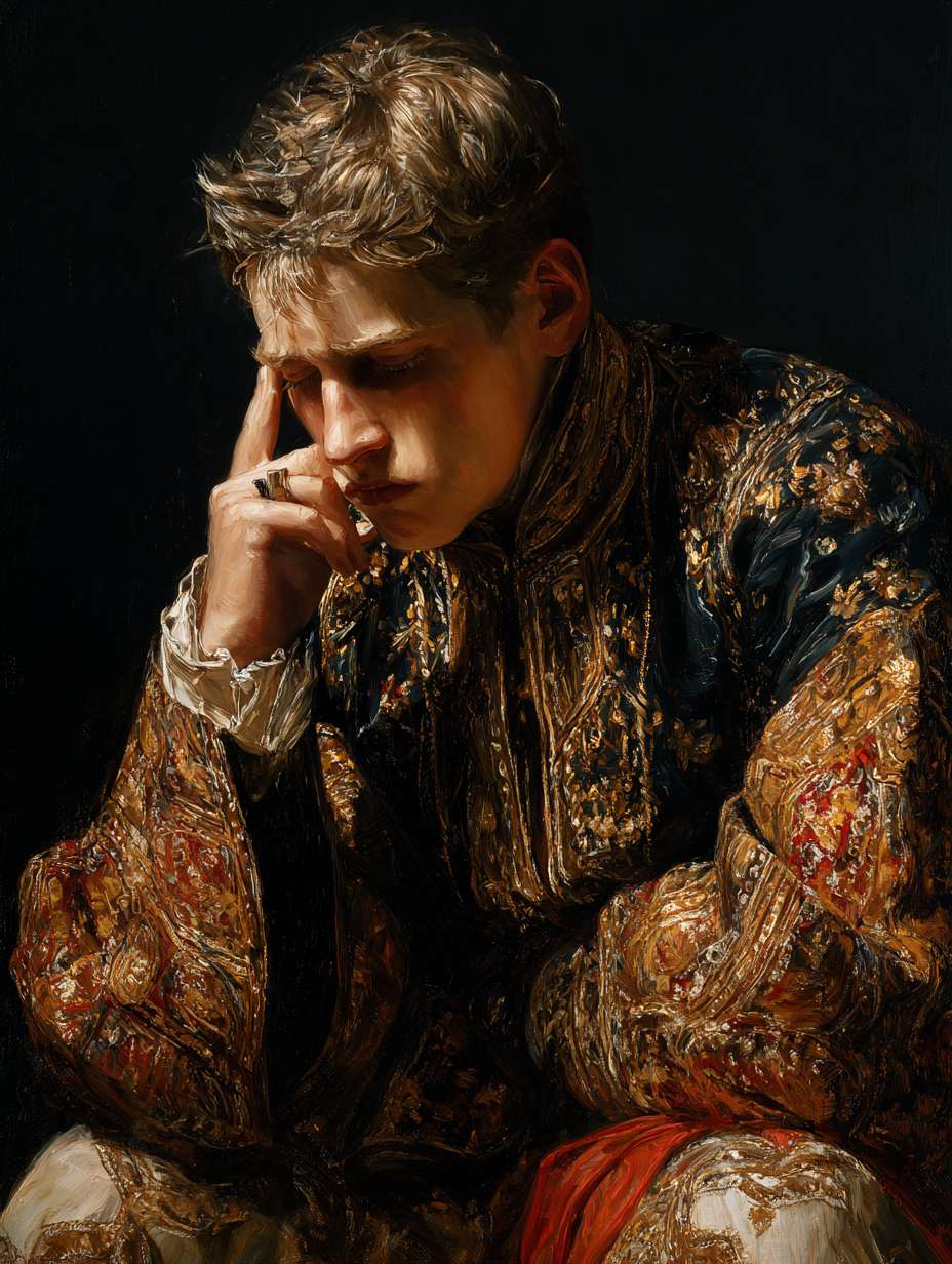 身着华服的贵族青年（悉达多）皱眉沉思 --ar 3:4 --v 7 --stylize 100 --fast --no 水印