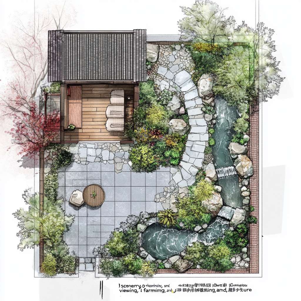 请根据以下描述生成一个建筑平面图。一、庭院功能分区与动线规划
1. 前院(迎宾景观区)
尺寸:4m×8m(靠近主入口)
核心元素:
中式门廊:悬挑1.5m宽灰瓦檐廊,地面铺青石板,设木质长凳供休憩。
曲径通幽:鹅卵石拼花小径(宽0.8m)蜿蜒至入口,两侧种植修水本地毛竹、蕨类。
水景点睛:利用小溪活水引入小型叠水景(宽1m×长2m),配石磨盘流水装置。
2. 侧院(实用功能区)
功能复合:
农具收纳:竹篱笆围合2m×3m工具间,顶部攀缘凌霄花遮阳。
晾晒区:防腐木平台(3m×3m),配可收放晾衣绳。
3. 后院(私密休闲区)
设计要点:
亲水平台:防腐木搭建挑台(4m×3m)延伸至溪边,设固定藤编桌椅。
生态菜园:阶梯式种植箱(1.2m高,方便老人操作),种植辣椒、薄荷等易打理作物。
夜景观赏:沿溪悬挂竹编灯笼,安装太阳能草坪灯(色温2700K暖光)。
二、中式美学细节设计
元素 实现方式 成本控制技巧
围墙 1.2m高青砖基座+上部竹格栅(间距15cm) 基座用本地红砖刷青灰漆,节省30%成本
地面铺装 60%青石板(主径)+30%砾石(排水带)+10%防腐木(平台) 砾石层下铺土工布防杂草
植物搭配 上层:桂花(香氛)+ 红枫(秋色)
中层:南天竹+芭蕉
下层:麦冬+矾根 选择2-3年生苗木,本地采购降低运费
小品装饰 旧石槽改荷花池、陶罐组合盆景、仿古拴马石 利用老物件再造景,文化感强且低成本
三、气候适应性设计
防潮排水
地面整体坡度3%向小溪方向倾斜,砾石排水沟沿建筑周边设置。
亲水平台底部架空10cm,采用菠萝格防腐木(耐湿性优于杉木)。
夏季遮阳
廊架顶部覆盖50%透光率的竹编遮阳板,搭配紫藤、葡萄等攀缘植物。
东西侧种植常绿女贞树篱(高2.5m),阻挡午后西晒。
冬季防风
北侧用木槿+珊瑚树混植绿篱(密度0.8m/株),降低冷风侵袭。
休息区设可拆卸透明防风帘(亚克力板+木框),冬季临时加装。
四、适老化安全设计
无障碍通行:所有通道宽度≥1m,无台阶设计,门槛高差<1cm。
防滑处理:青石板表面做荔枝面处理(摩擦系数≥0.6),木平台加防滑凹槽。
应急便利:
休憩区每10m设一键呼叫按钮(直连老人房报警器)。
夜间路径灯带嵌入地面(照度50-100lux),自动感应启动。
五、成本优化方案(预算3-5万元)
项目 推荐做法 单价参考
硬质铺装 本地青石板(60元/㎡)+ 砾石(30元/㎡) 1.2万元(约200㎡)
木作 菠萝格防腐木平台(350元/㎡) 1.5万元(40㎡)
绿化 本地苗木+自播草花 0.8万元(含土壤改良)
水景 小型循环水泵+旧石槽改造 0.3万元
照明 太阳能庭院灯+LED灯带 0.4万元
六、四季景观搭配建议
季节 观赏焦点 植物选择
春 入口紫藤花廊 紫藤、杜鹃、迎春
夏 荷池与芭蕉听雨 荷花、芭蕉、茉莉
秋 红枫与桂花香径 红枫、桂花、菊花
冬 竹石景观与常绿树 毛竹、南天竹、茶梅
七、施工注意事项
管线预埋:庭院照明线路穿PVC管埋深≥40cm,预留智能灌溉接口。
植被养护:芭蕉、竹子等根系发达植物需距建筑基础≥2m。
生态保护:溪边保留1m原生植被缓冲带,防止水土流失。
效果示意:
日景:白墙黛瓦掩映竹影,青石小径蜿蜒至溪边,木平台上老人闲坐品茶。
夜景:竹灯笼暖光映照水面,麦冬草间的萤火虫灯星星点点,宛如水墨画卷。
通过功能复合、在地材料利用和精细化适老设计,可在有限预算内实现“观景、务农、休闲”三合一的舒适庭院。 --ar 1:1 --v 6.1 --stylize 100 --fast