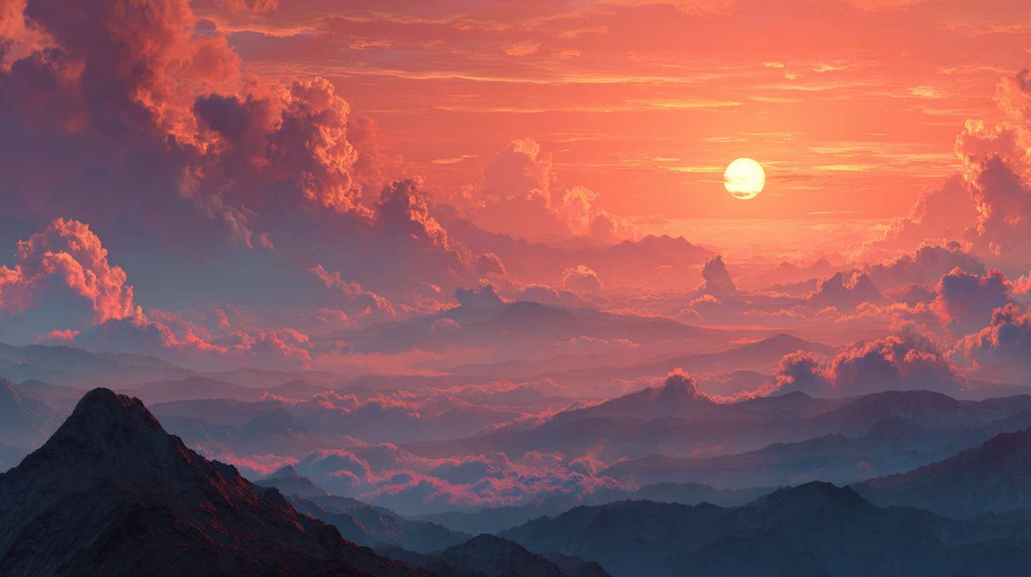 AI画面关键词：
cinematic wide shot of a majestic sun setting over endless rolling mountains, clouds sea glowing with orange and red light, Chinese landscape painting style, ethereal, peaceful, holographic light effect, 8k --ar 16:9 --v 7 --stylize 100 --fast --no 水印